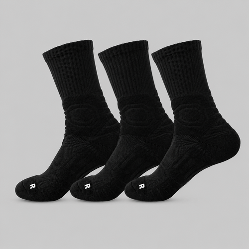 Black men's 3-pack cushioned athletic crew socks with support zones