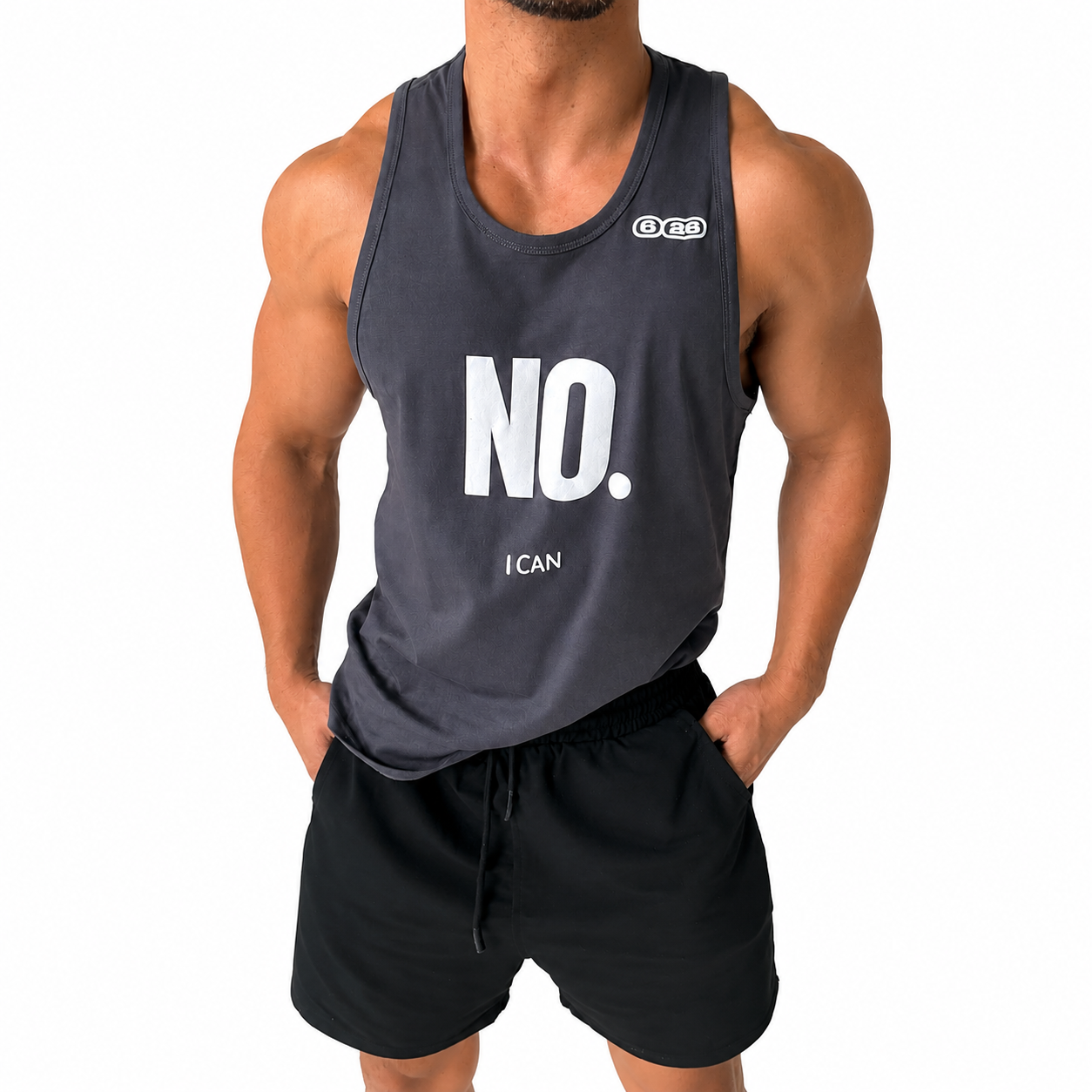Charcoal grey men's NO graphic sleeveless training tank top with open armholes