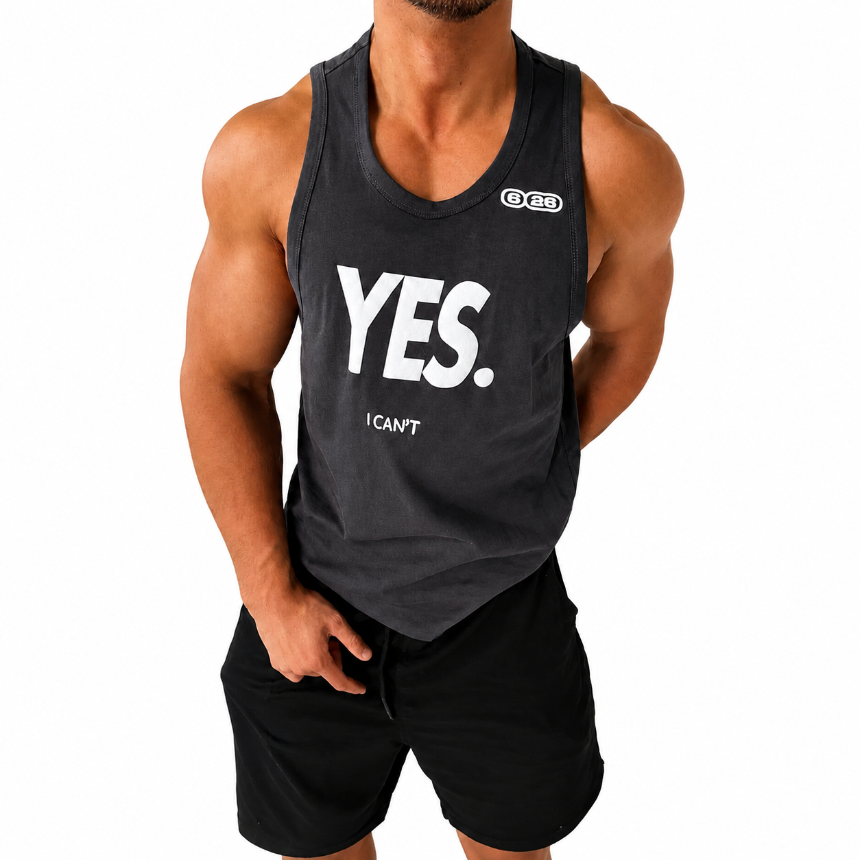 Charcoal grey men's YES graphic gym tank top with relaxed athletic fit