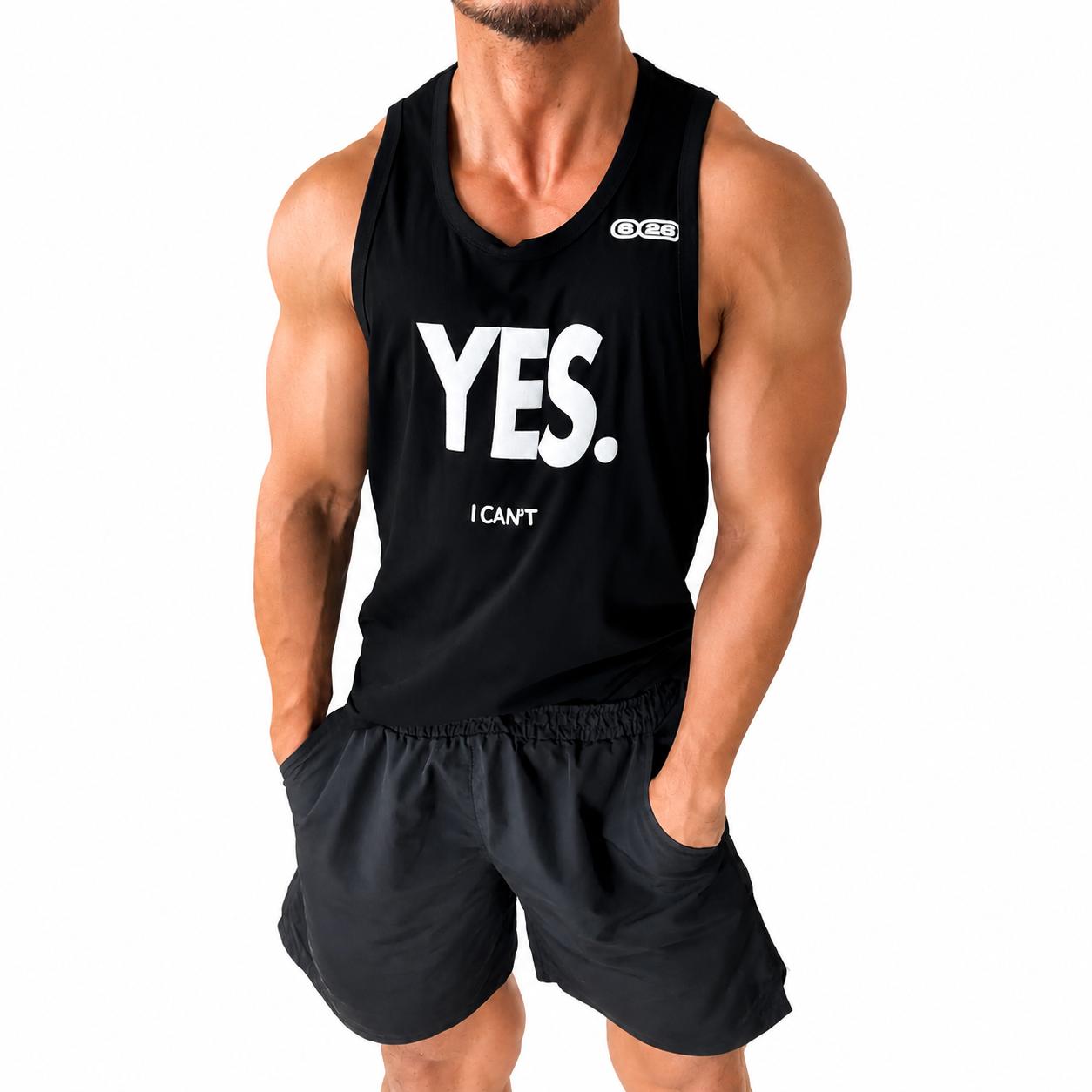 Black men's YES graphic sleeveless training tank styled with black shorts