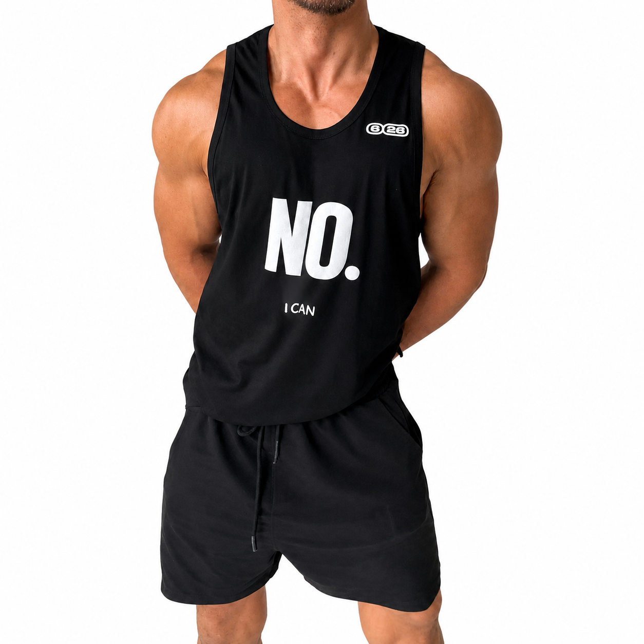 Black men's NO graphic sleeveless workout tank top with relaxed fit