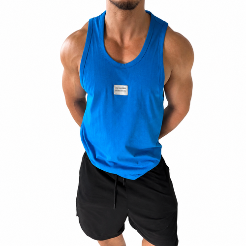 Image 1: Men's blue sleeveless tank top front view with small chest patch and athletic open arm cut