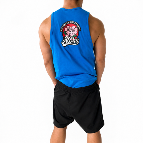Image 2: Men's blue sleeveless tank top back view with large Aloha paradise floral graphic