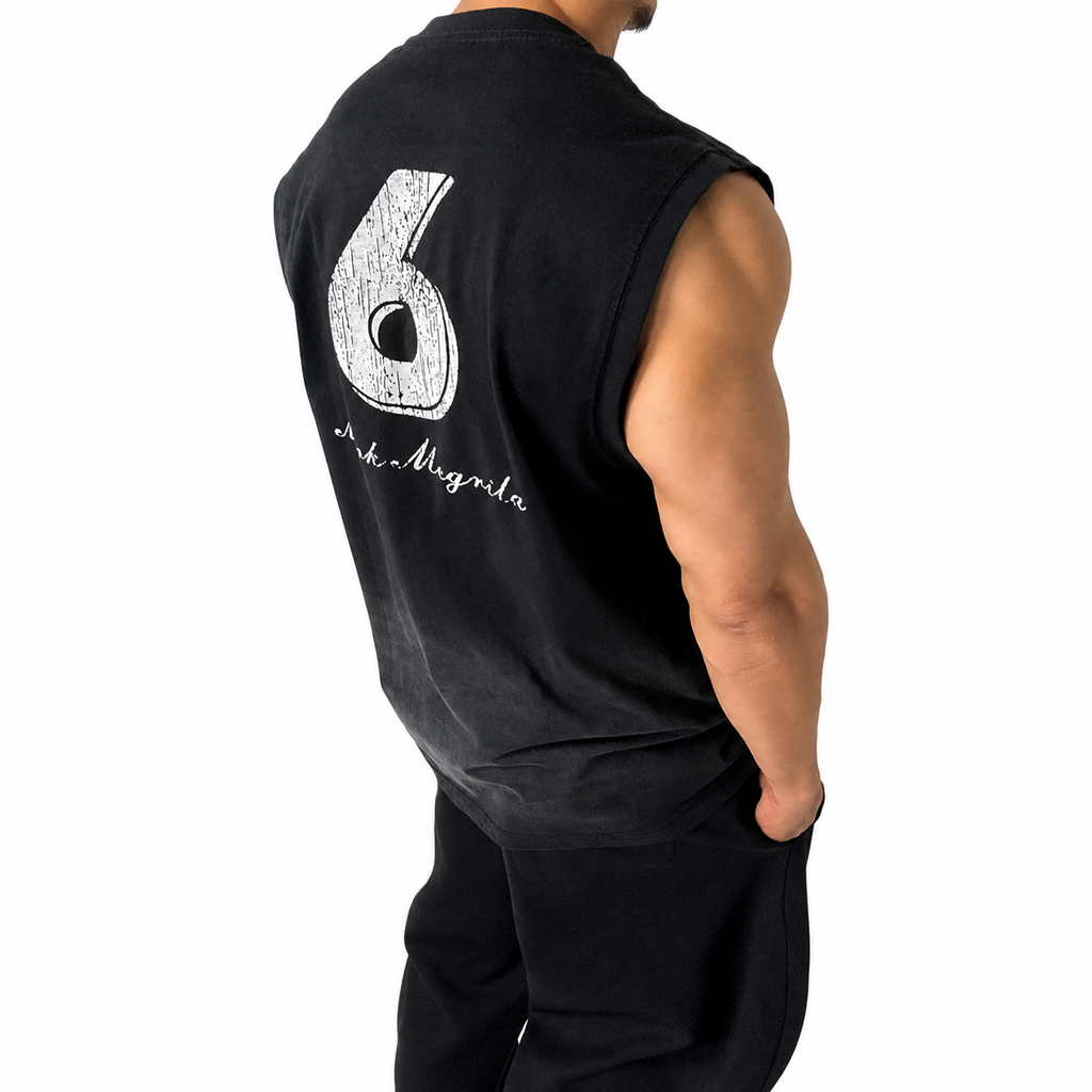 Men's black sleeveless tank top back view with large distressed number graphic.