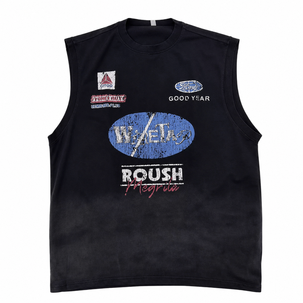 Men's black vintage racing graphic sleeveless tank top flat front view.