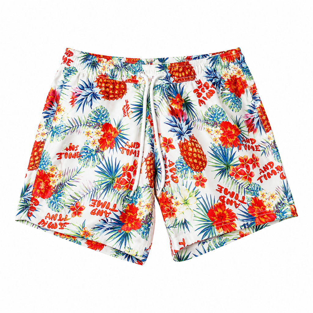 Varenform tropical print athletic shorts with elastic waistband, drawstring, pineapple and floral pattern