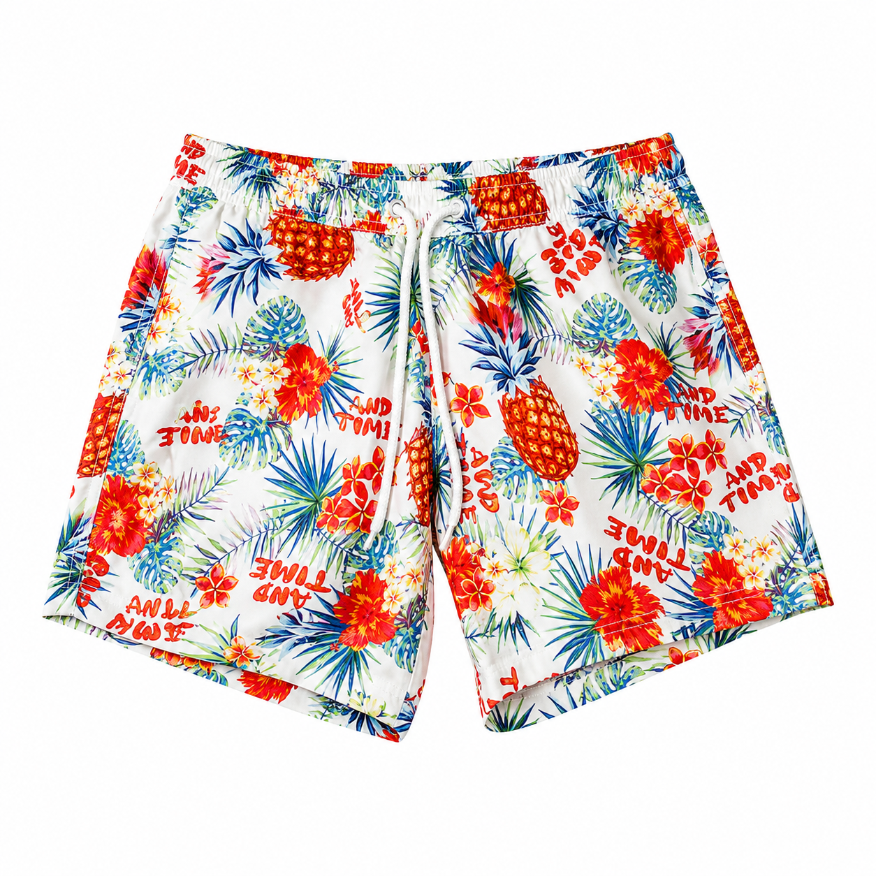 Varenform tropical print athletic shorts with elastic waistband, drawstring, pineapple and floral pattern