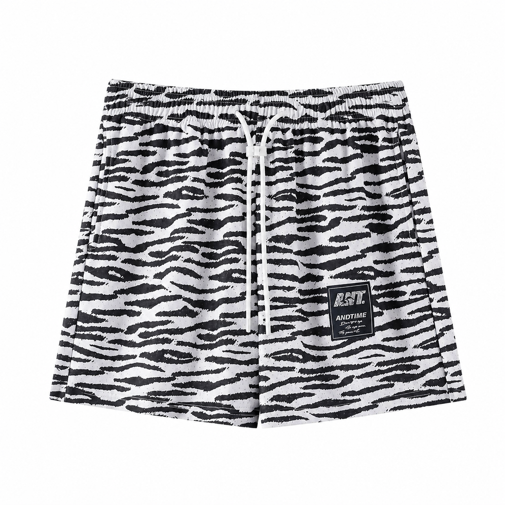 Men's zebra print athletic shorts flat front view with elastic waistband and white drawcord.