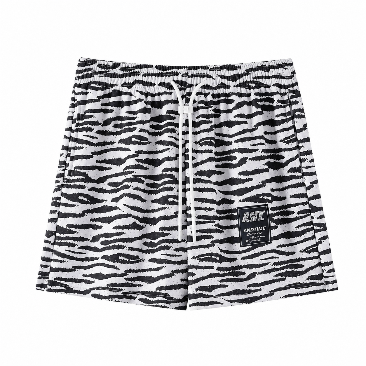 Men's zebra print athletic shorts flat front view with elastic waistband and white drawcord.