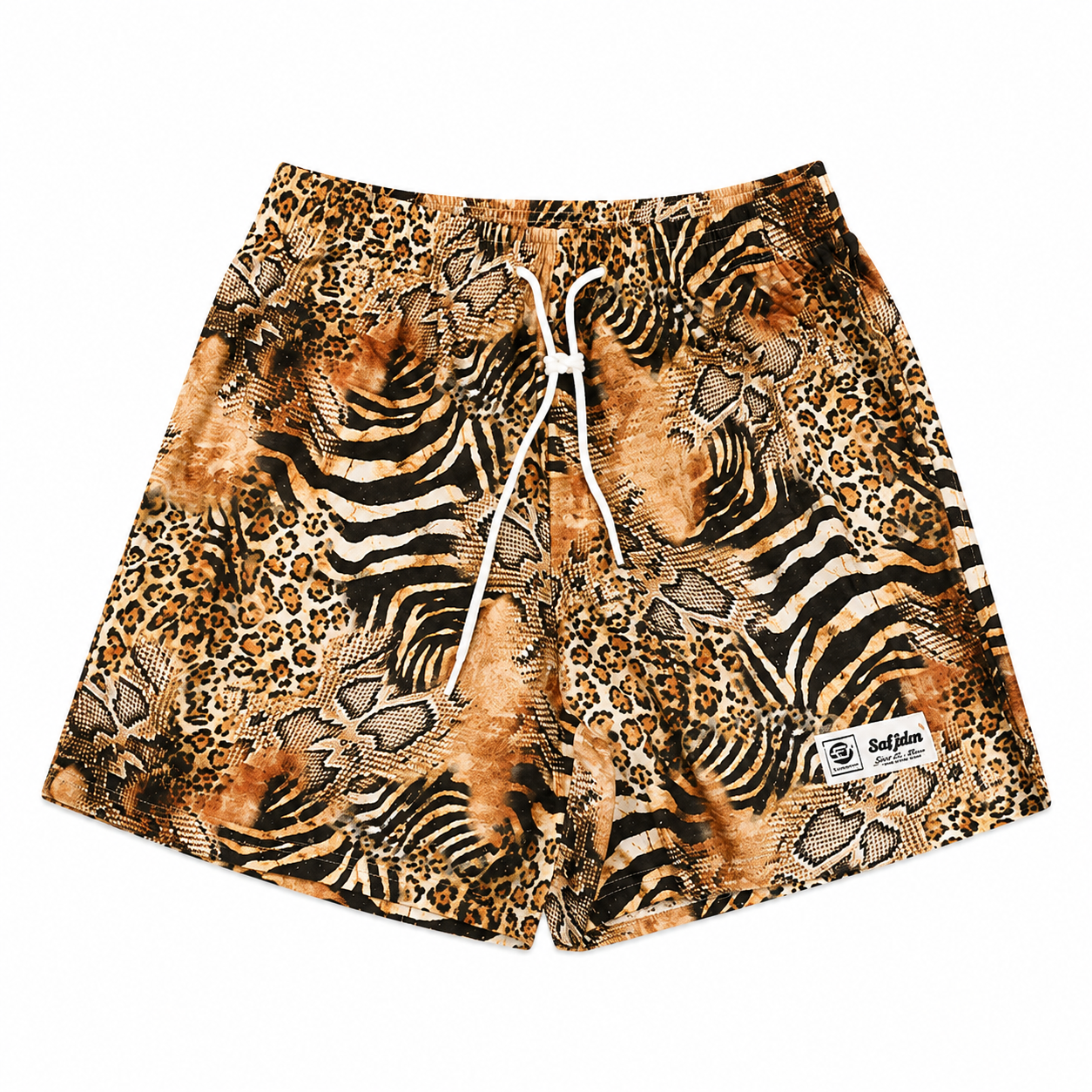 Varenform safari animal print shorts with elastic waistband, white drawcord, and label patch