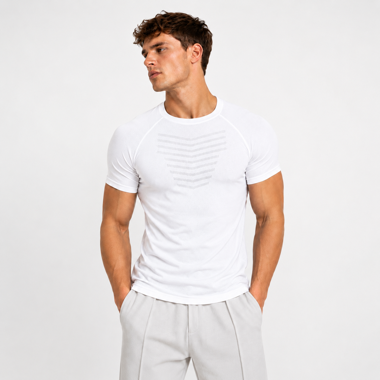 White men's textured raglan muscle fit shirt with fitted sleeves and chest detail