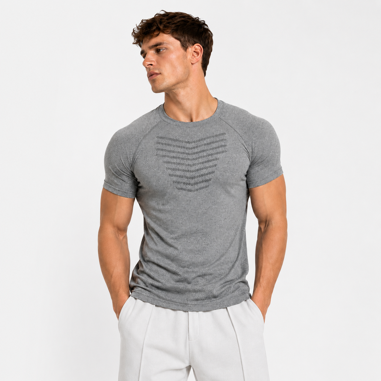 Grey men's textured training shirt with raglan seams and athletic fit
