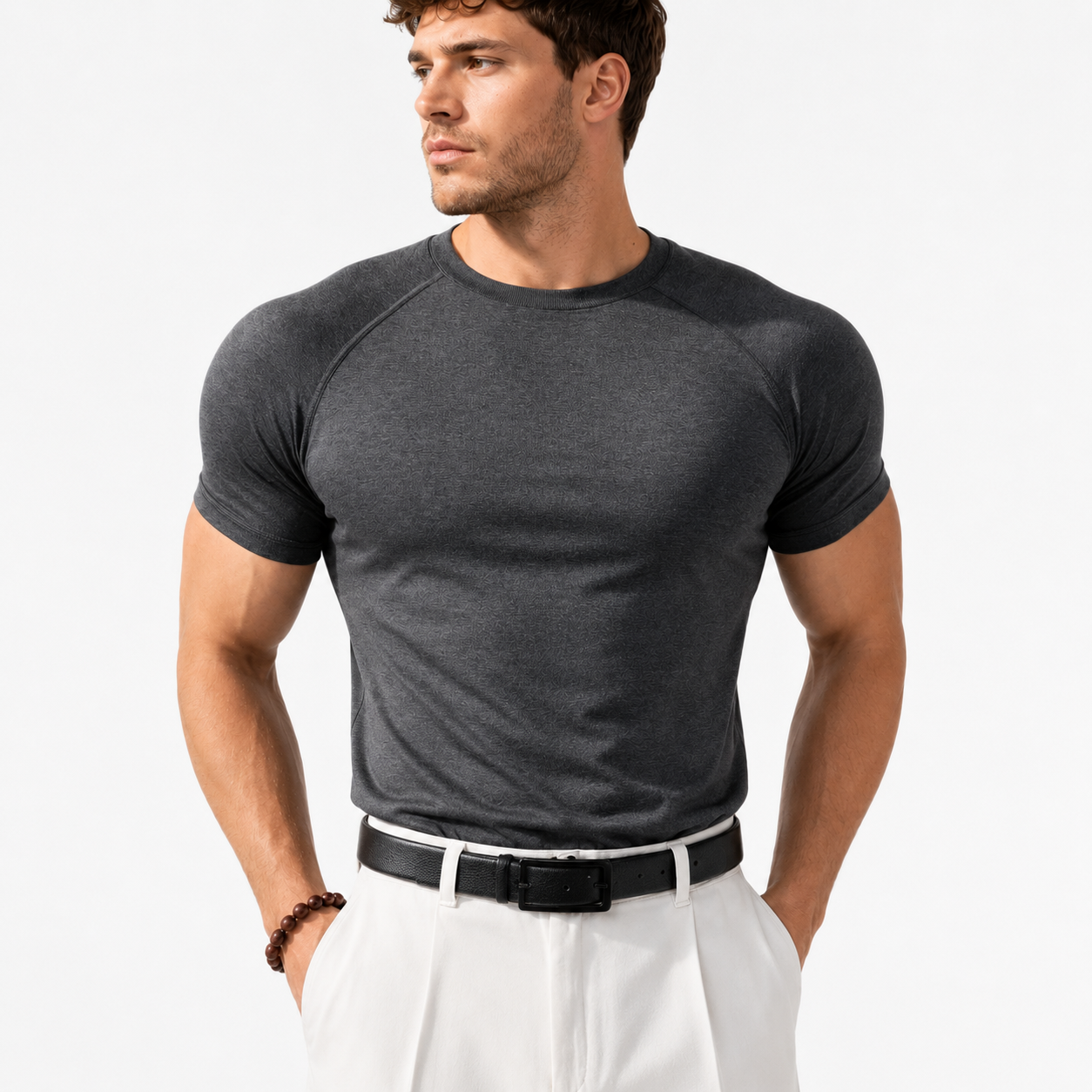 Charcoal grey men's muscle fit shirt styled with white trousers
