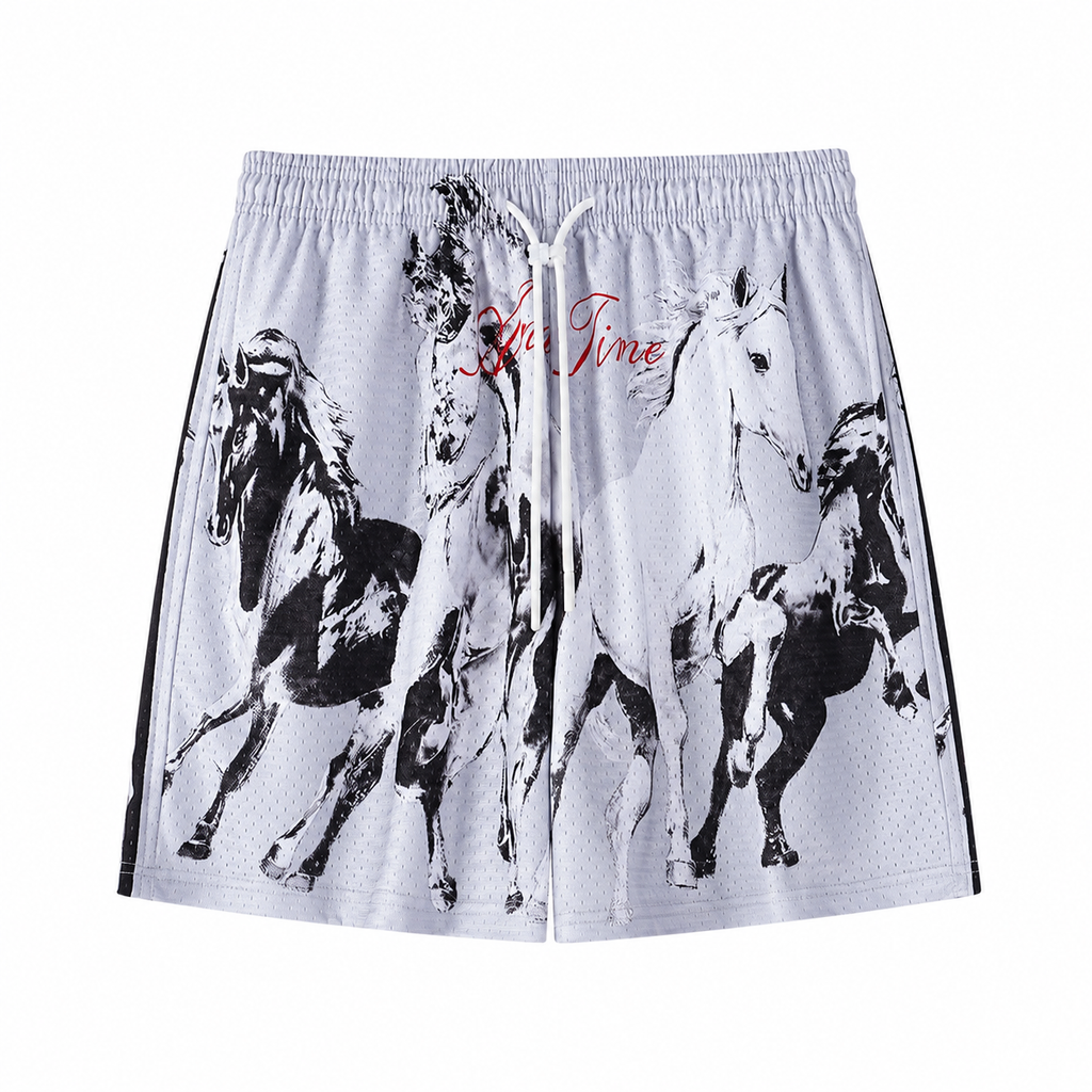 Men's grey horse print mesh shorts flat front view with white drawcord.