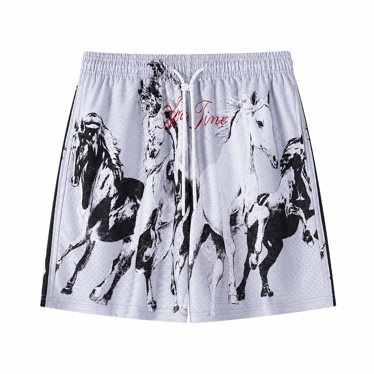 Men's grey horse print mesh shorts flat front view with white drawcord.