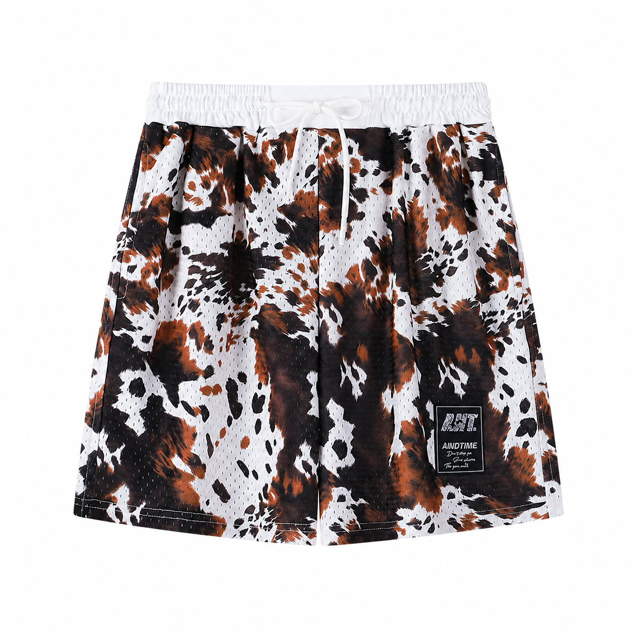 Men's brown cow print mesh shorts flat front view with elastic waistband and patch detail.