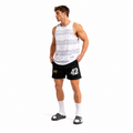 Varenform white grey cloud dye sleeveless training tank worn with black athletic shorts