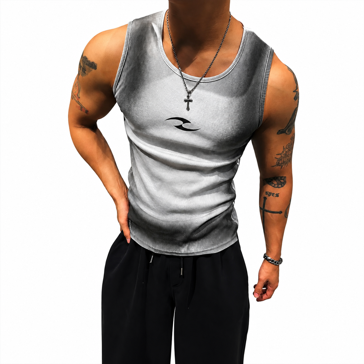 Silver grey men's ribbed muscle fit sleeveless tank top with athletic fit