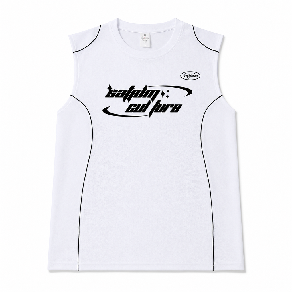 Varenform white graphic sleeveless training tank with black contrast piping