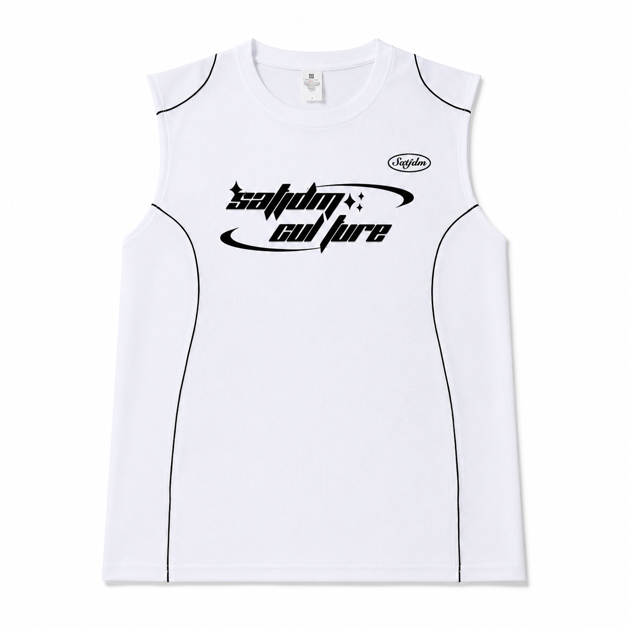 Varenform white graphic sleeveless training tank with black contrast piping