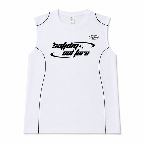 VAREN FORM white graphic sleeveless training tank with black contrast piping