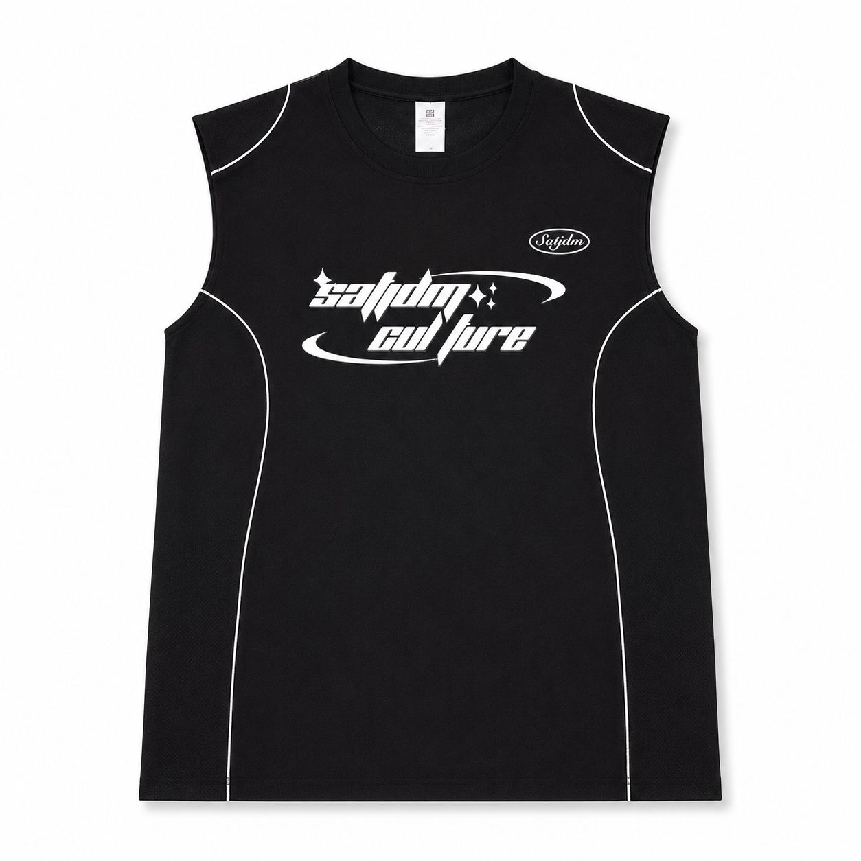Varenform black graphic sleeveless training tank with white contrast piping