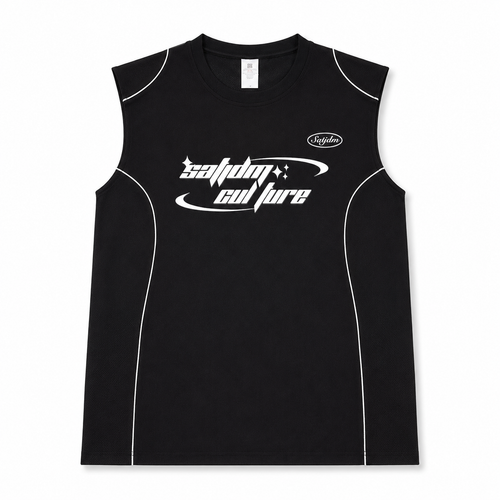 VAREN FORM black graphic sleeveless training tank with white contrast piping