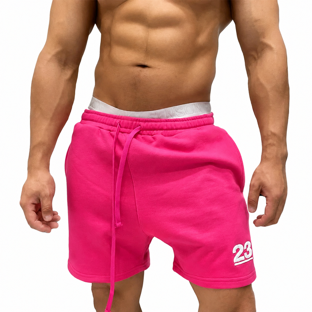 Varenform hot pink 23 fleece training shorts with drawstring waist
