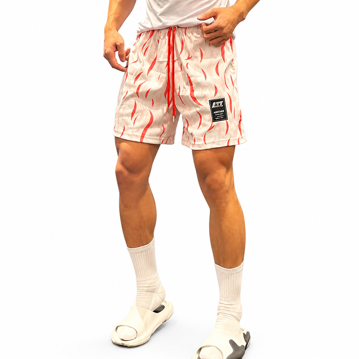 Men's cream red abstract print mesh athletic shorts with red drawcord