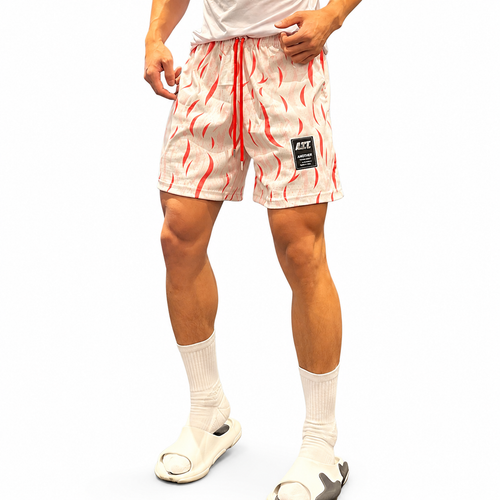Men's cream red abstract print mesh athletic shorts with red drawcord