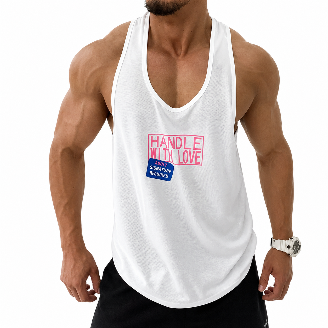 Varenform white Handle With Love stringer tank worn by muscular model