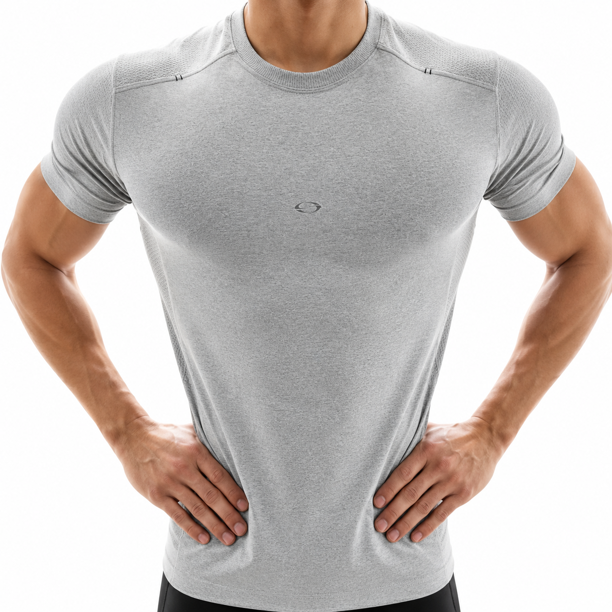 Grey Varenform Dragon Scale 3D athletic tee close-up showing structured shoulders and textured fabric