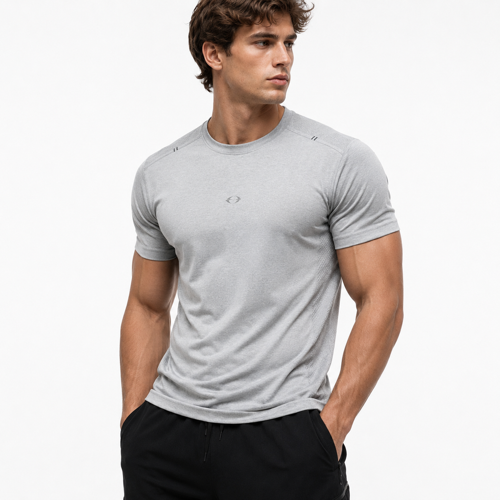 Male model wearing black Varenform Dragon Scale 3D performance tee for gym and daily streetwear
