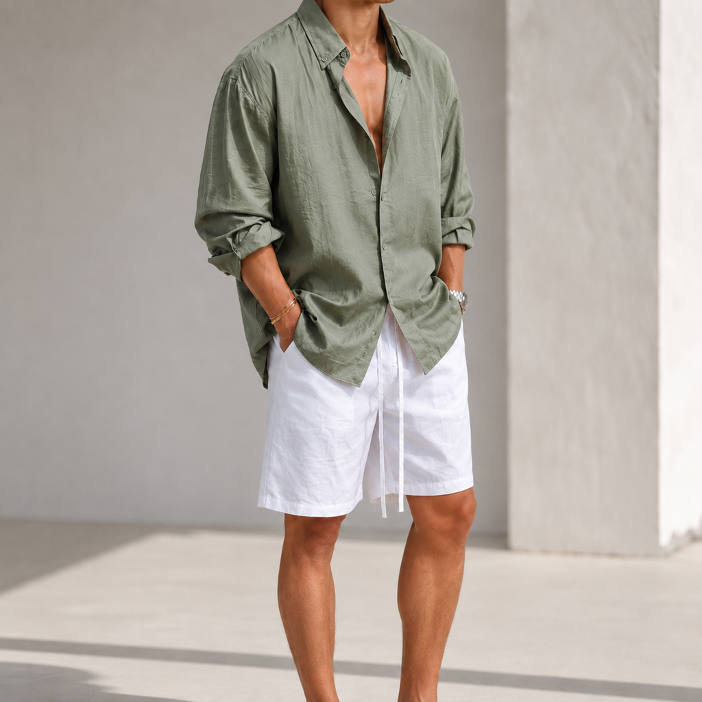VAREN FORM men's relaxed plant fiber shirt and shorts set front product view