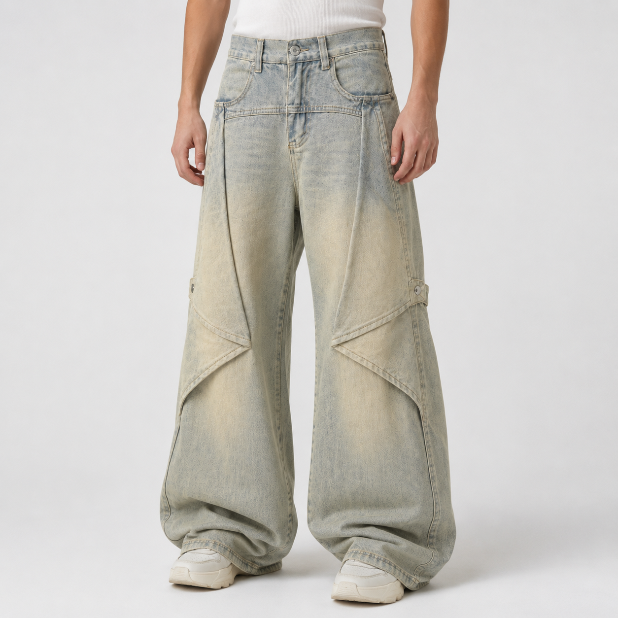 Mud-Wash Paneled Wide-Leg Jeans in Sand Wash, main product view