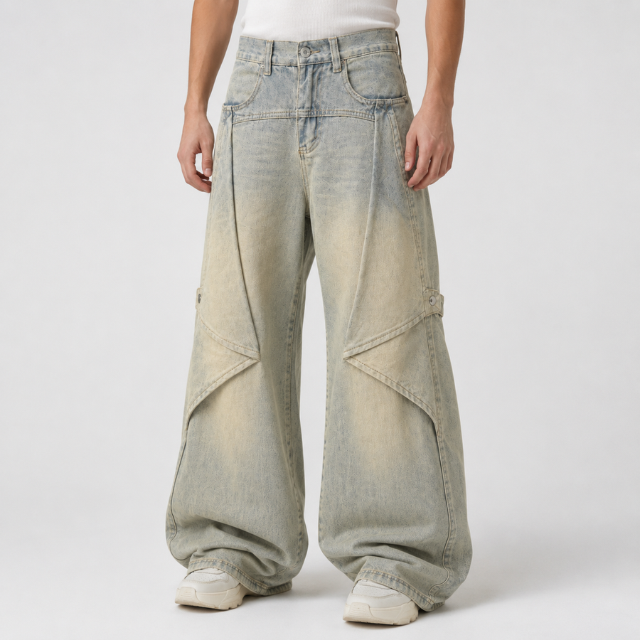 Mud-Wash Paneled Wide-Leg Jeans