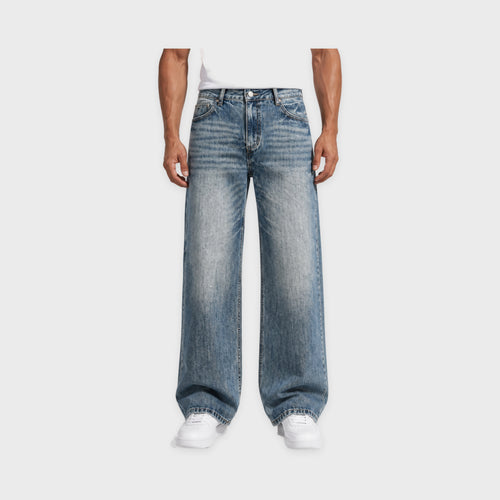 Men's Blue-Wash Wide-Leg Jeans in Blue – model-worn front view