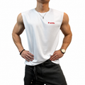 White men's sleeveless training top with small red chest logo