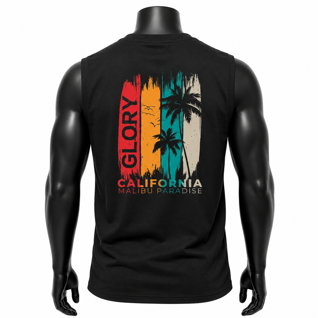 VAREN FORM California Graphic Sleeveless Tank in Black for men's gym and streetwear