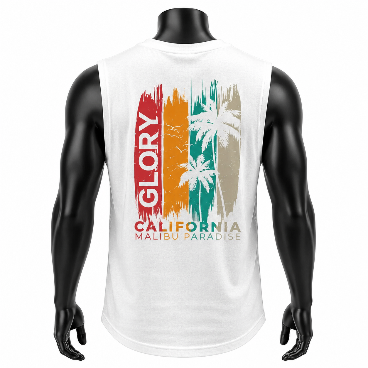 VAREN FORM California Graphic Sleeveless Tank in White for men's gym and streetwear