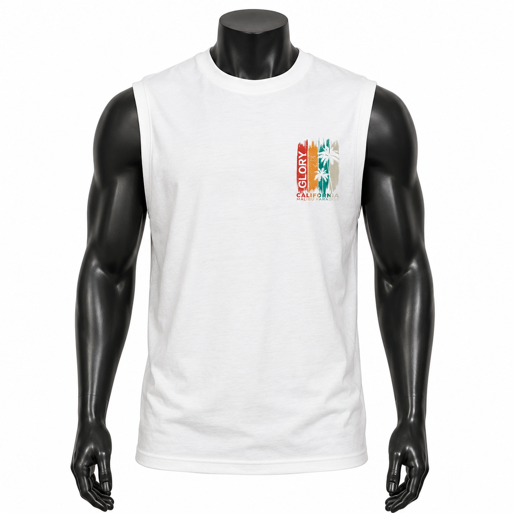 VAREN FORM California Graphic Sleeveless Tank in White for men's gym and streetwear