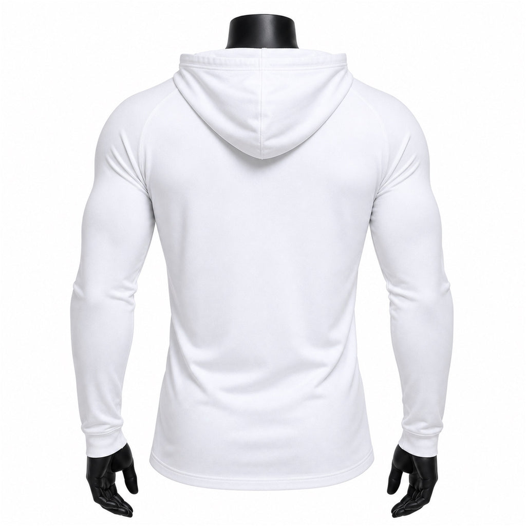 VAREN FORM Half-Zip Hooded Long Sleeve Training Top in White for men's gym-to-street wear