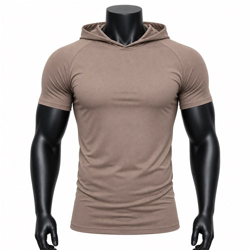 VAREN FORM Hooded Short Sleeve Training T-Shirt in Taupe