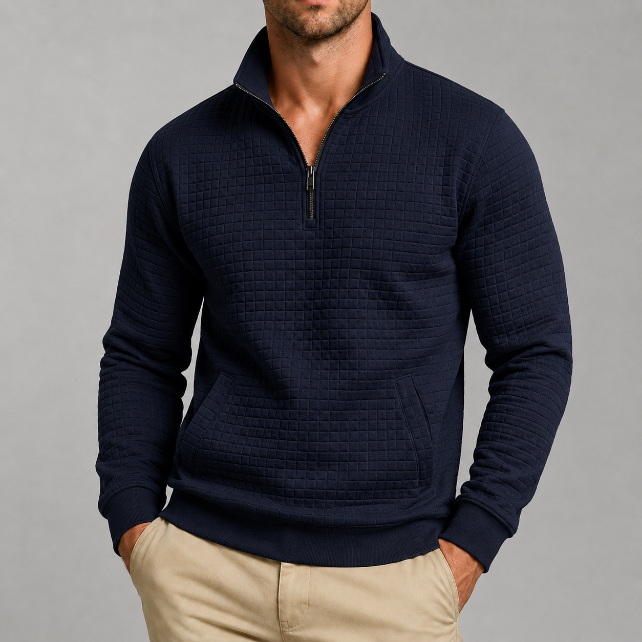 VAREN FORM Jacquard Half Zip Stand Collar Sweatshirt black model front