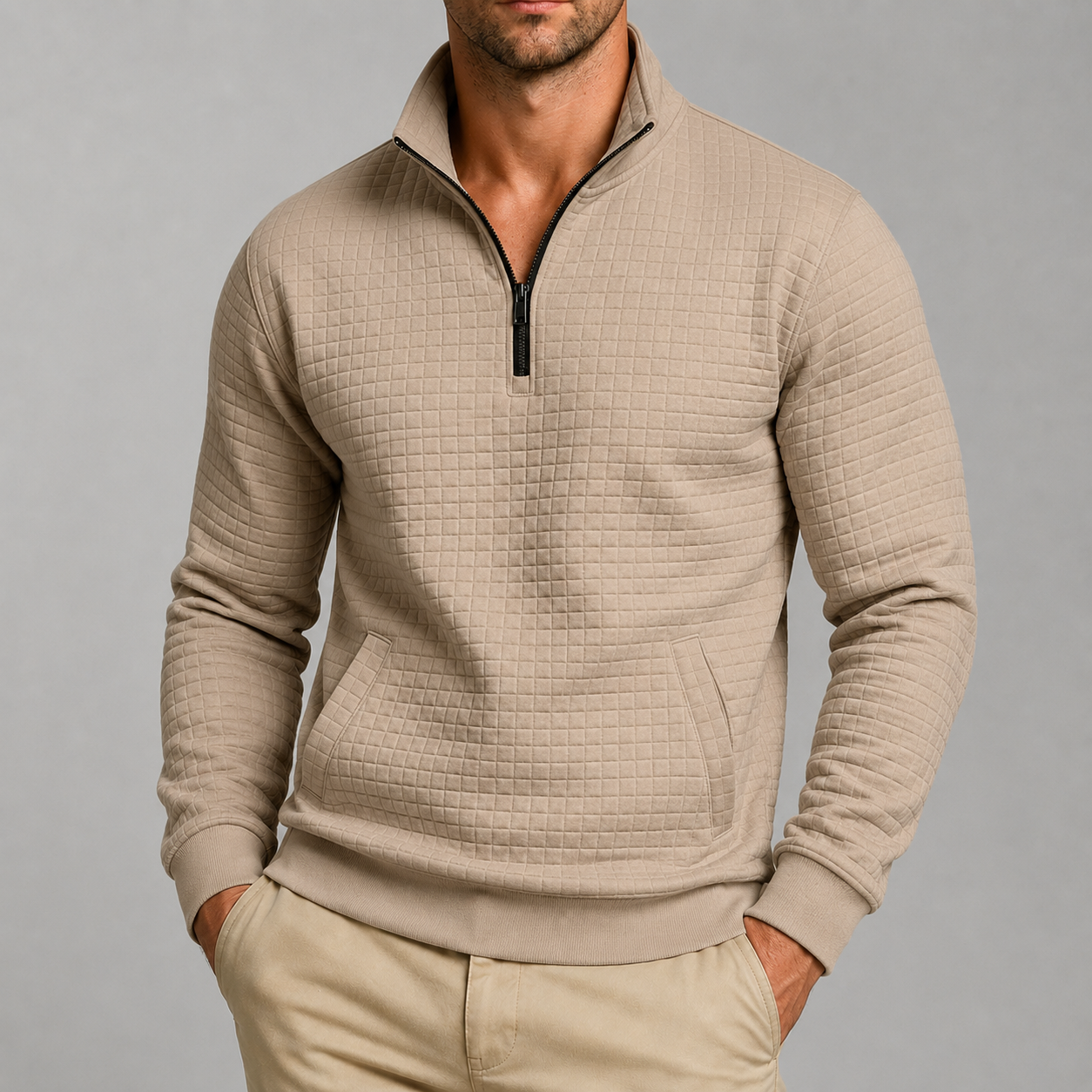 VAREN FORM Jacquard Half Zip Stand Collar Sweatshirt charcoal grey model front
