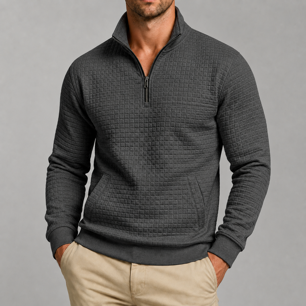 VAREN FORM Jacquard Half Zip Stand Collar Sweatshirt khaki brown model front