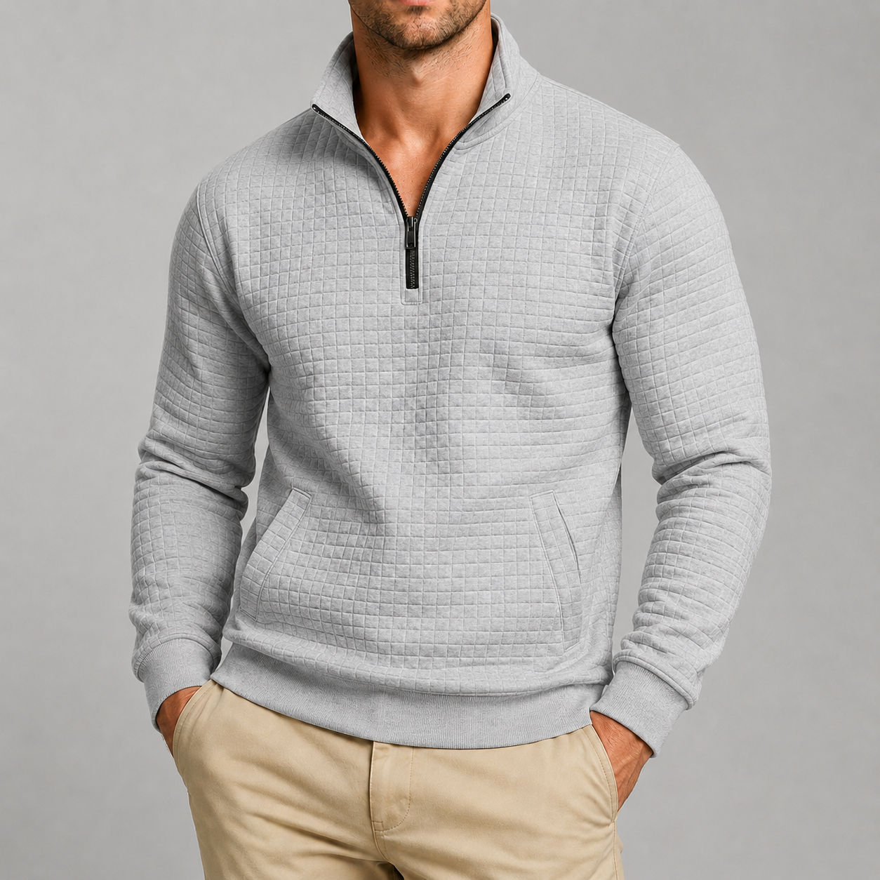 VAREN FORM Jacquard Half Zip Stand Collar Sweatshirt light grey model front