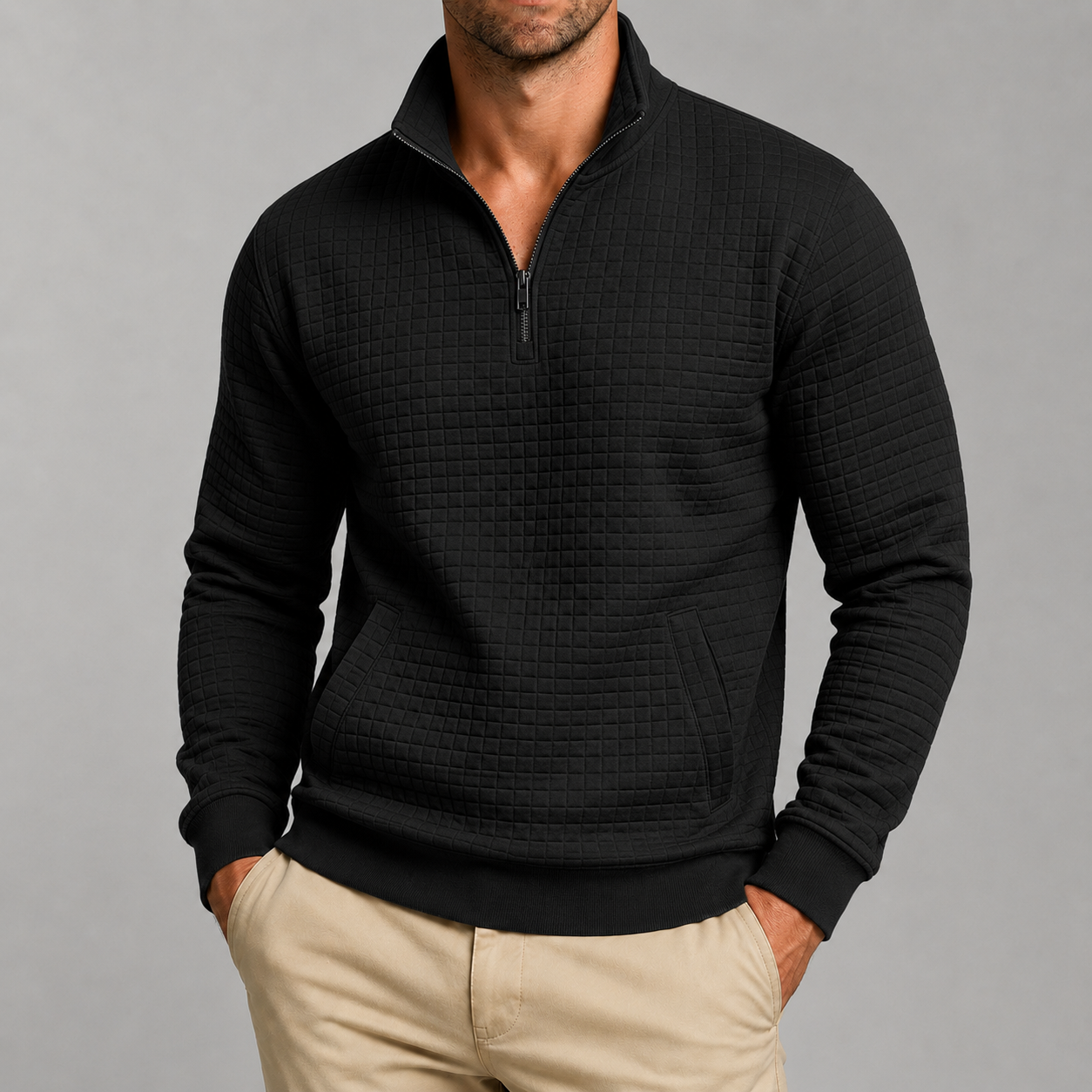 VAREN FORM Jacquard Half Zip Stand Collar Sweatshirt navy model front