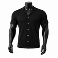 VAREN FORM Linen-Knit Short Sleeve Polo Cardigan in Black for men's gym and streetwear