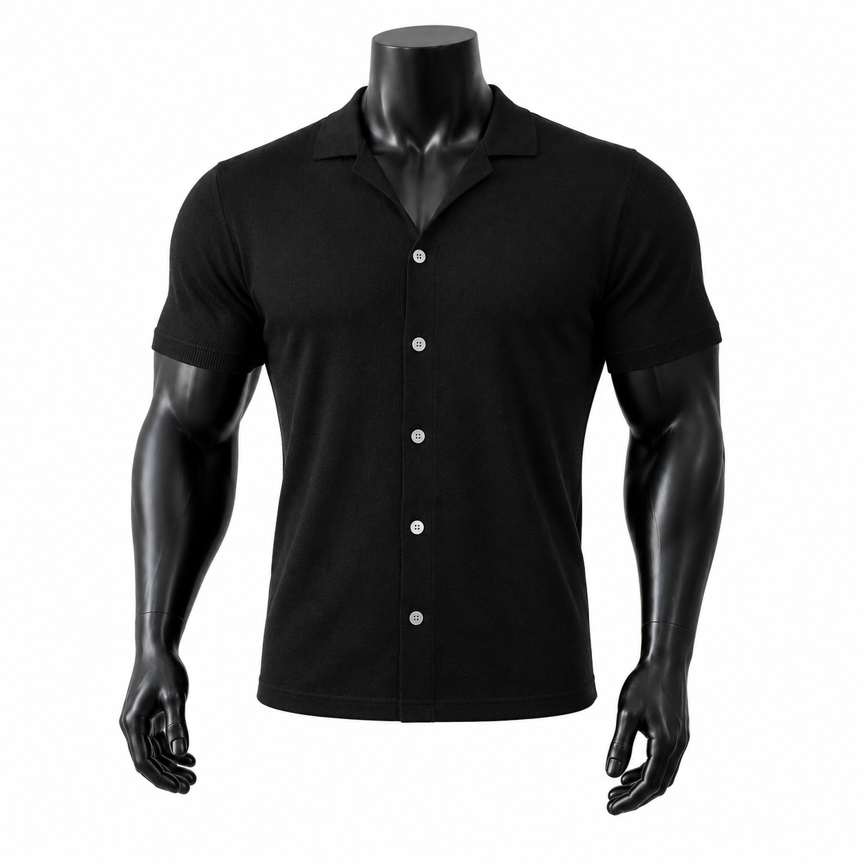 VAREN FORM Linen-Knit Short Sleeve Polo Cardigan in Black for men's gym and streetwear